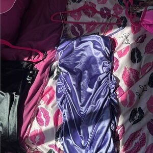 Satin Ruched Chemise Slip Dress - Purple